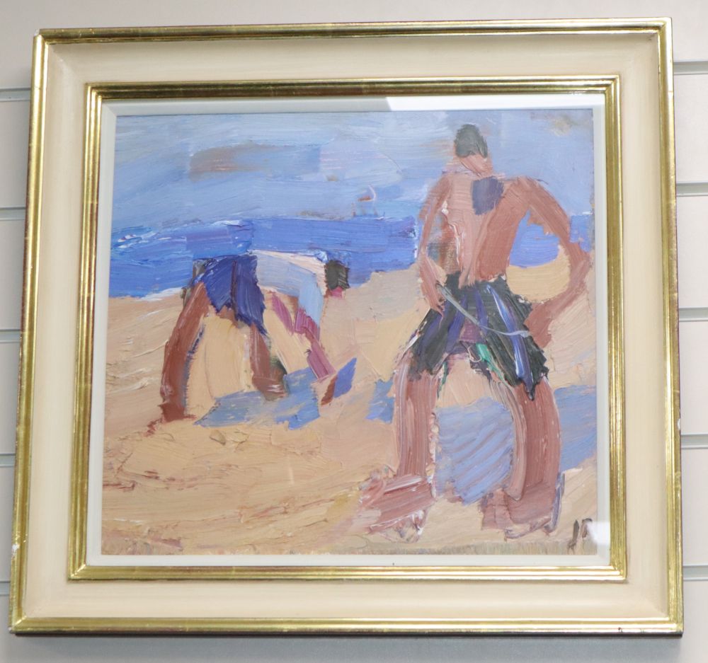 Julian Bailey (1963-), oil on board, Figures on a Beach, initialled, 34 x 37cm